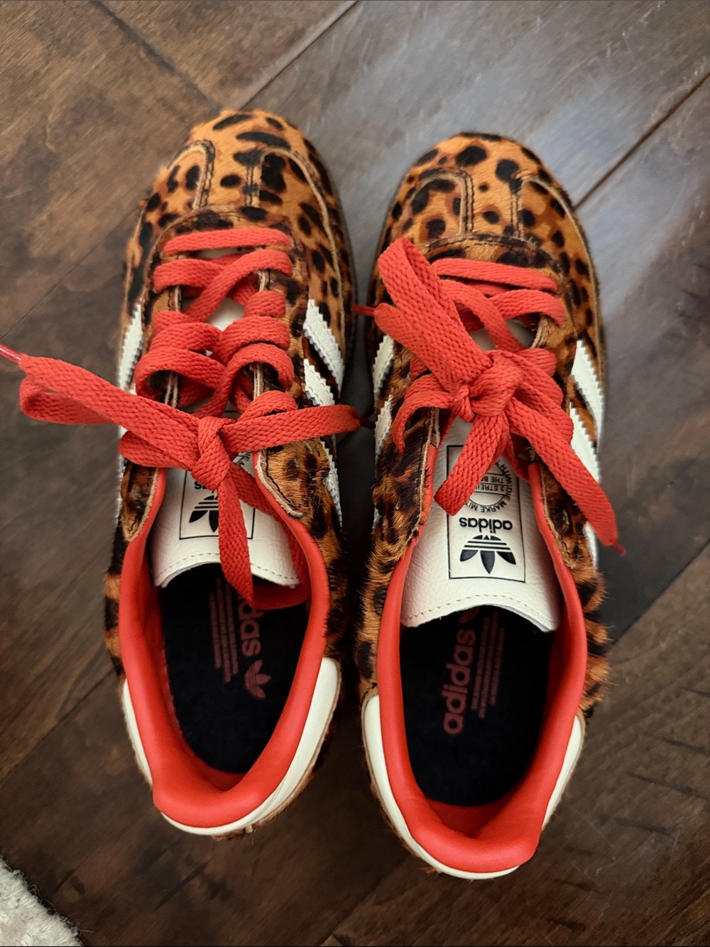 adidas Leopard Print Sneakers with White Stripes and Red Laces